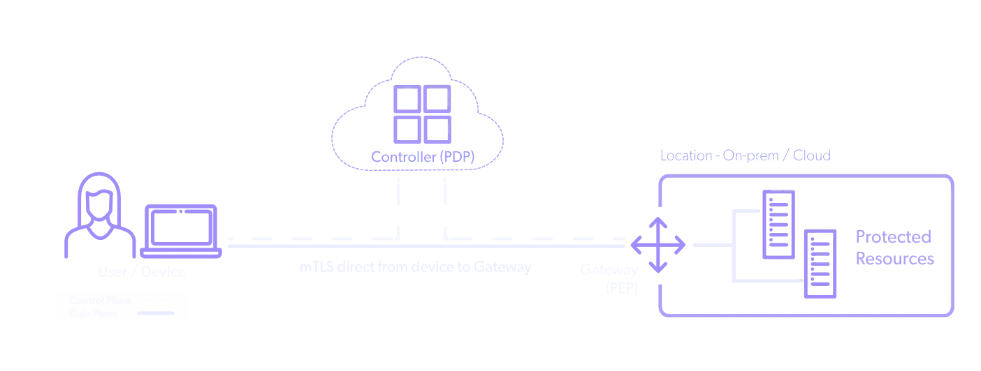 Direct-routed ZTNA model: user device connects by mTLS directly to the Gateway while the Controller makes access decisions and protected resources stay cloaked